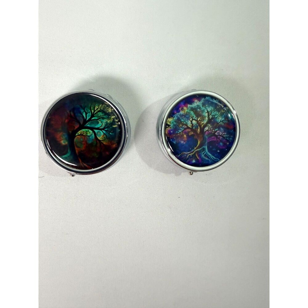 Tree of Life Pill Box Lot of 2 Round Cases Mirrors 3 Compartments Multicolor